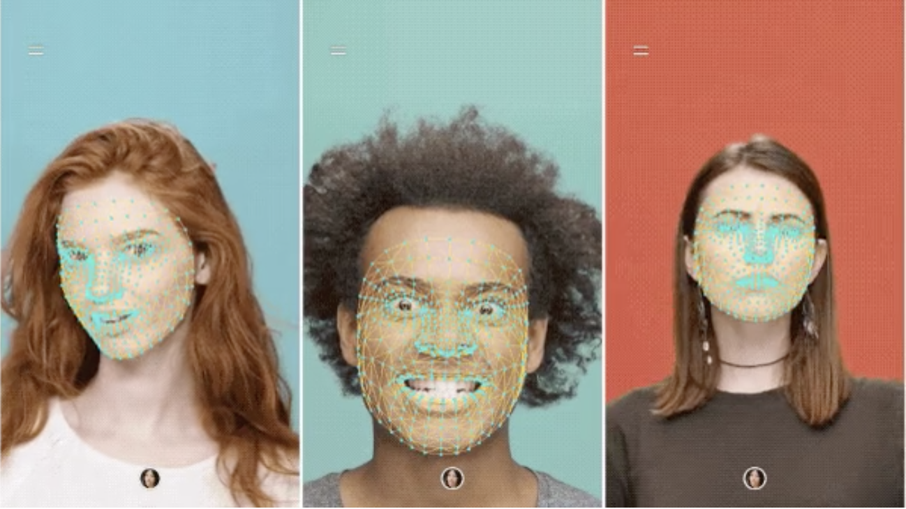 three face with augmented reality tracking displays on them