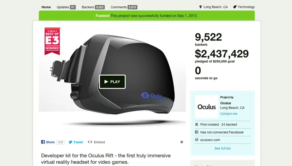 image of oculus rift kickstart campaign